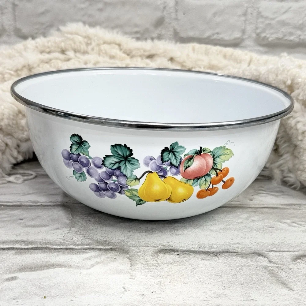 Vtg GMI Garden Harvest Fruit Enamelware Nesting Bowls Set Of 3 Country Farmhouse